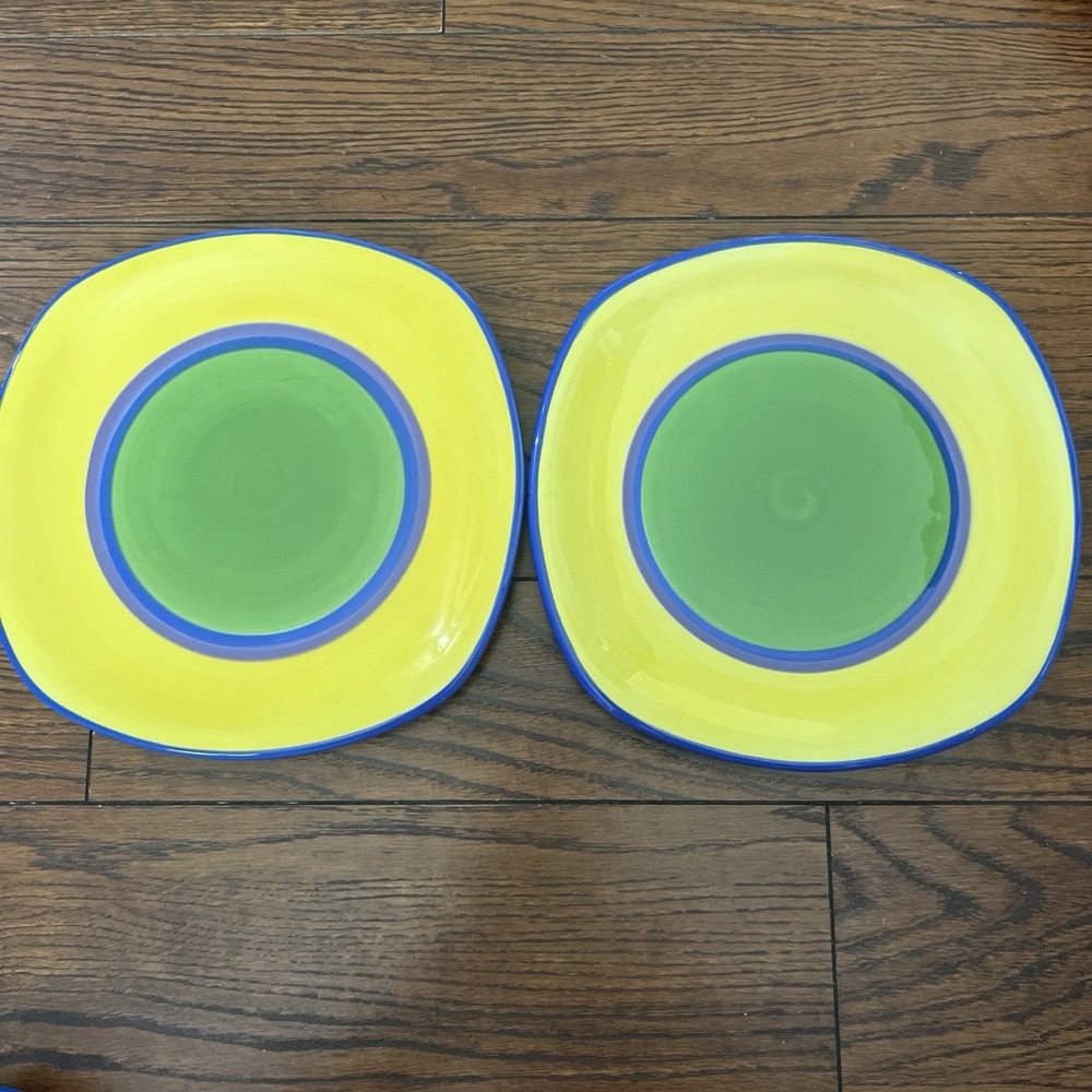2 Dansk Caribe Aruba Square Salad Plates Green Blue Yellow Purple Hand Painted